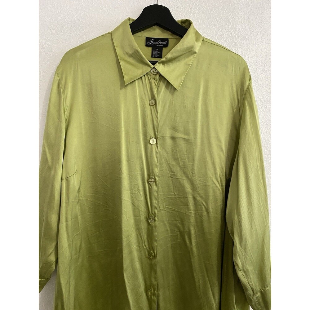 Karen Arnold Woman 3/4 Sleeve Green Button Up Silk Blouse 3x Vintage Luxury J40